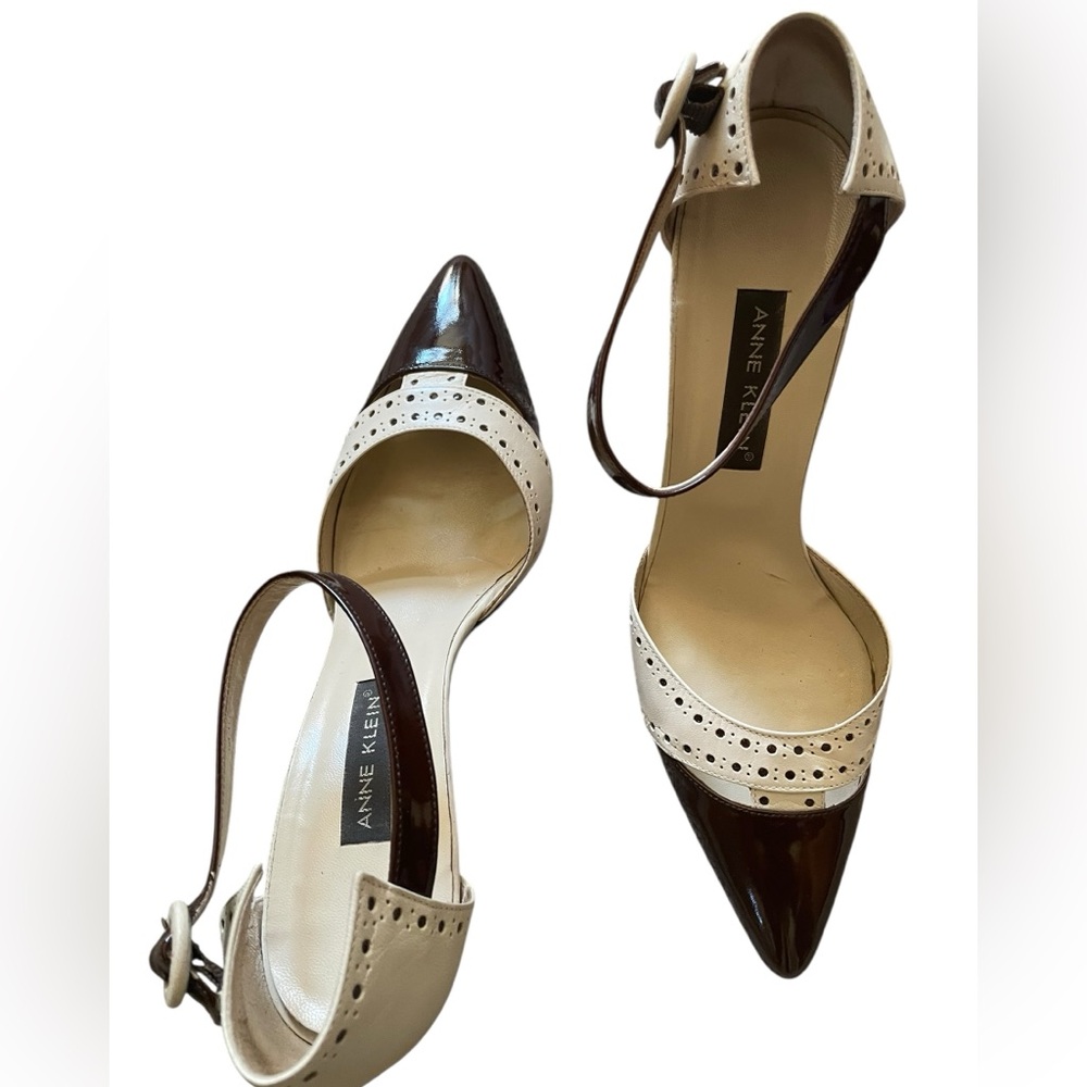 Anne Klein Genuine Leather Brown & Cream Pointed Spectator Ankle-Strap Pumps 8.5 - Picture 6 of 16